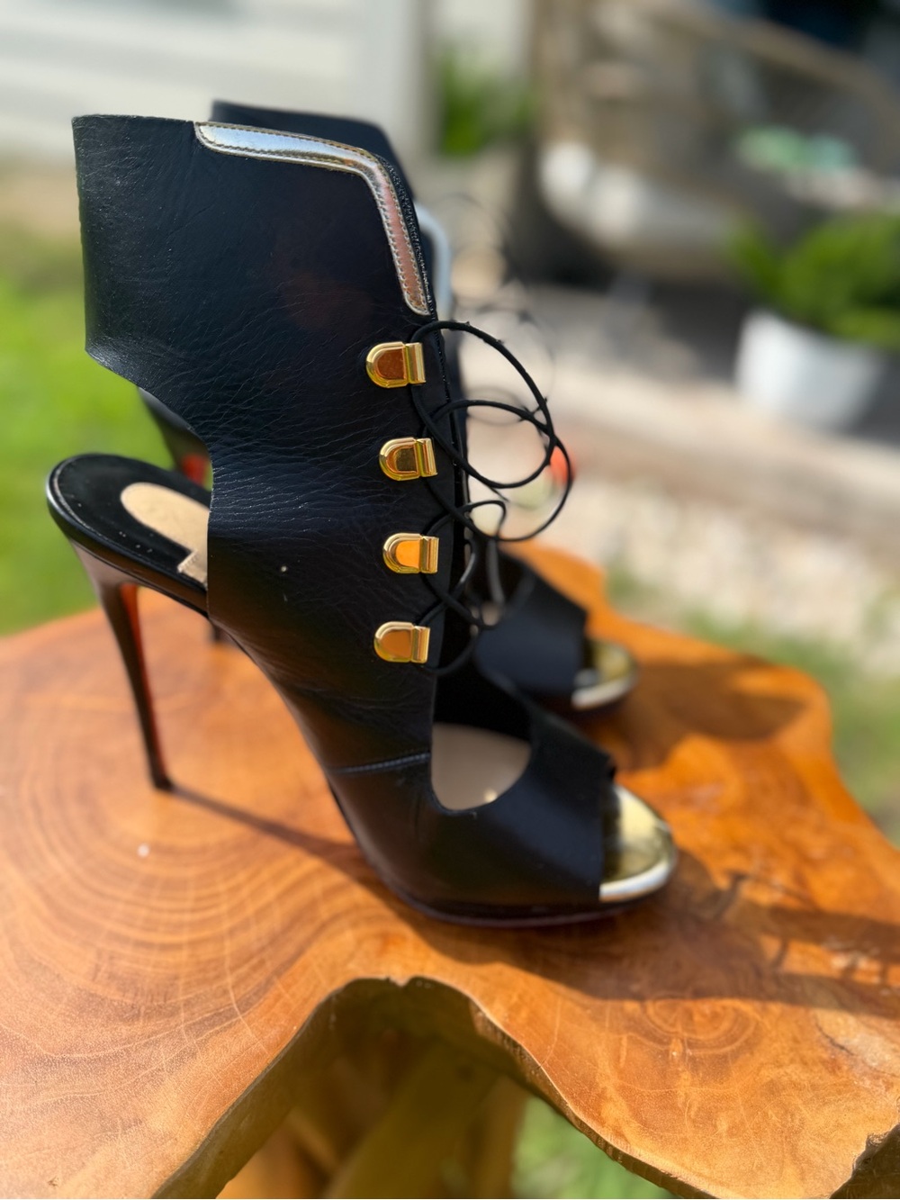 Christian Louboutin Black Leather Lace-Up Peep-Toe Heels with Gold Accents